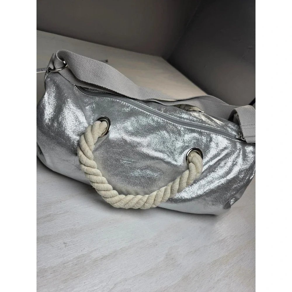 Metallic Silver Duffle Bag Y2K Rope Handle Crossbody Nautical Festival Boho